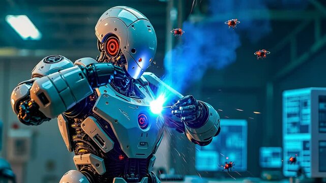 Robot Repairs Machine, malfunction diagnostics, enhanced efficiency. Technical innovation. Mechanisms recalibrate for optimum performance. Technological advancement ensures reliable operations.