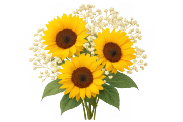 Vibrant bouquet featuring three sunflowers and delicate baby's breath sprigs, isolated on a transparent background
