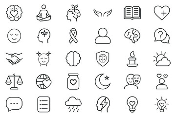 Mental Health And Wellness Line Icons, Minimalist Psychology, Therapy, Mindfulness & Self-Care Vector Set
