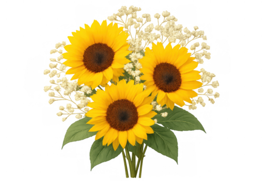 Vibrant bouquet featuring three sunflowers and delicate baby's breath sprigs, isolated on a transparent background - Powered by Adobe