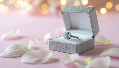 A close-up of a diamond ring against a bright background.