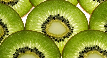 Translucent kiwi slices reveal intricate seed patterns against a bright white backdrop
