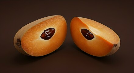 Two Halves of Sapodilla Fruit Showing Seed and Textured Skin