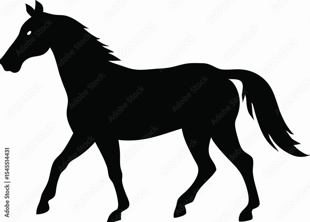 Poster silhouette of a horse in motion with its mane and tail flowing gracefully against a white background