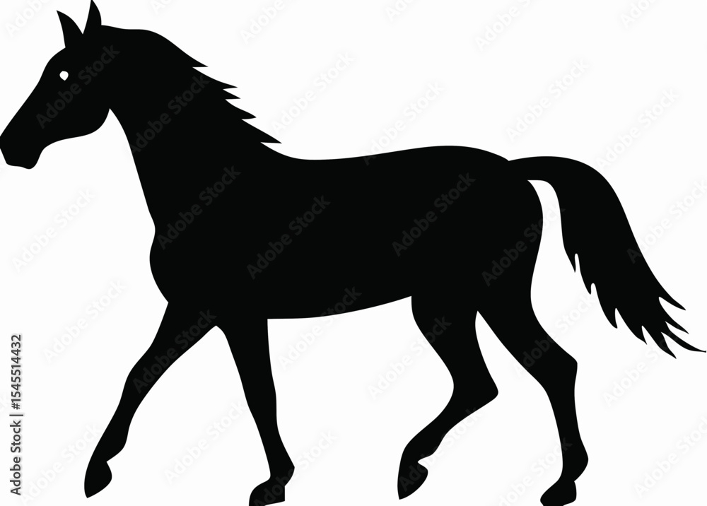 Poster silhouette of a horse walking gracefully with its mane flowing in the wind on a white background cre
