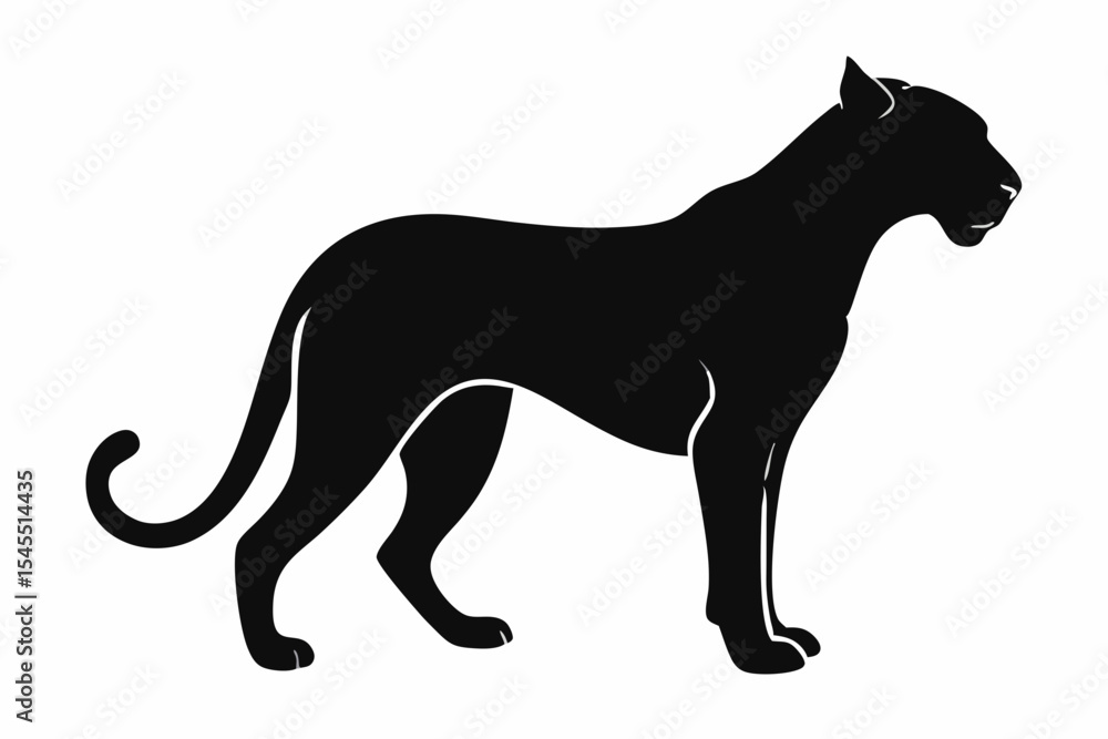 Poster silhouette of a black panther standing with its tail curled on a white background side profile view 