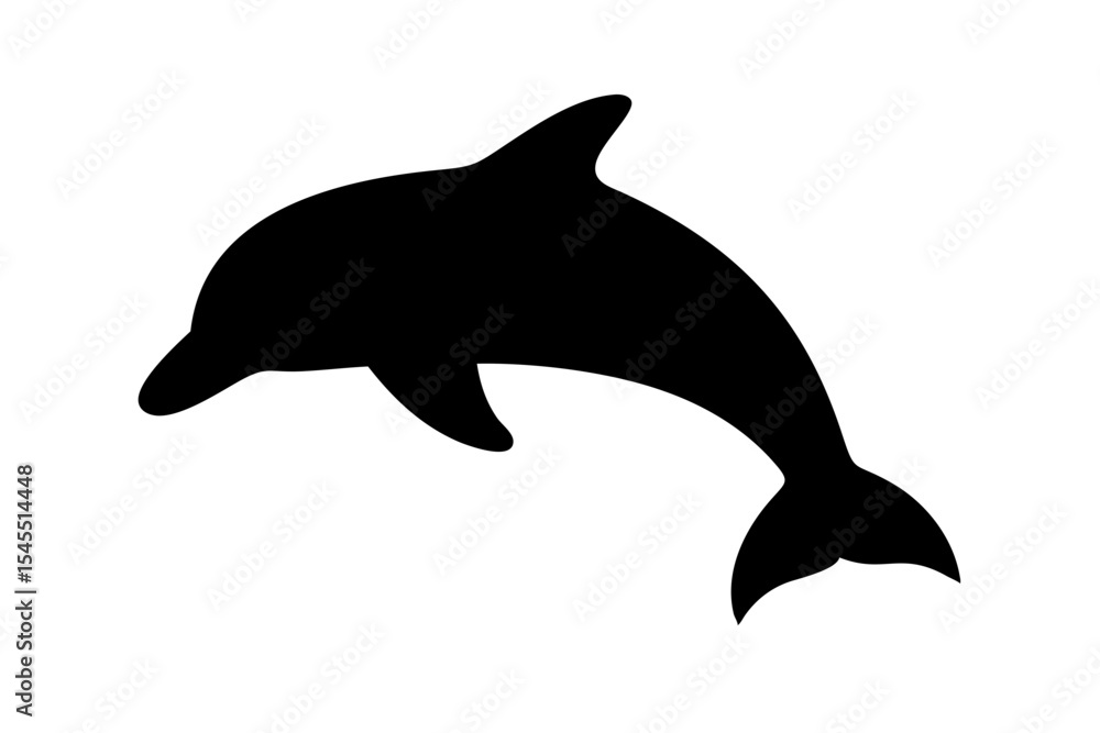 Poster silhouette of a dolphin jumping with its tail curved upwards and a dorsal fin visible against white 