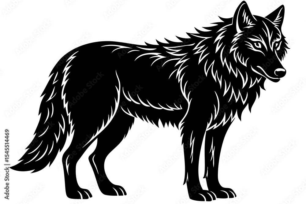 Poster illustration of a black wolf standing with detailed fur and sharp features in a side view profile po
