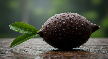 Unique Brown Fruit with Green Leaves, Covered in Raindrops, on Wet Surface