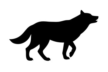 Obraz premium Silhouette of a wolf walking with its mouth open on a white background in a simple and elegant style created with generated ai