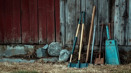 Rustic barnyard tools leaning against aged wooden wall countryside scene