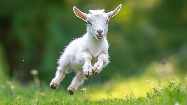 Joyful leap, A white goat kid bounding freely across lush green field