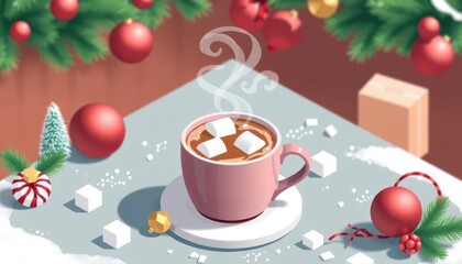 Festive Christmas Cocoa Still Life with Ornaments and Delicate Vapor Trails