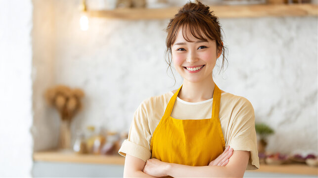 A cute Japanese female cafe staff member striking an advertisement-friendly pose while proudly smiling.