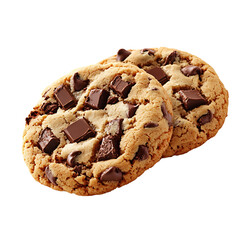 Two freshly baked chocolate chip cookies with visible chunks of chocolate