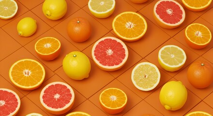 Vibrant Citrus Medley: A Colorful Array of Sliced and Whole Fruits on Orange Surface