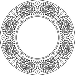 Isolated black outline paisley round border frame. Use for coloring page, copy space for any ocation