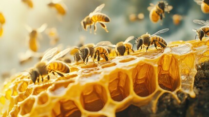 Honeybees diligently working, harvesting, and transforming nectar into golden honey