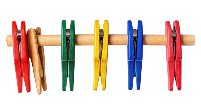 Colorful Clothespins Hanging on a Wooden Rod for Laundry Organization and Home Décor