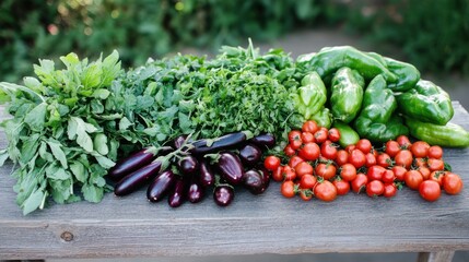 Freshly harvested garden vegetables displayed on rustic wooden surface