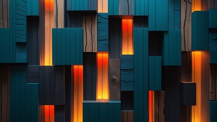 Abstract 3D wall design made of vertical wooden blocks in various lengths and widths. The blocks are arranged in a geometric pattern with alternating deep teal, matte black, and rich wood textures.