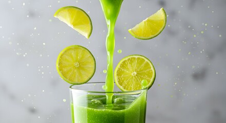 Vibrant green juice cascade with floating lime slices against a soft gray backdrop