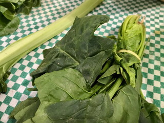 Fresh Chard Being Prepared on Green Tablecloth