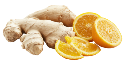 Fresh Ginger Root and Juicy Orange Slices on White Background for Culinary and Health Concepts