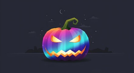 Vibrant Halloween Pumpkin with Glowing Eyes and Jagged Smile Under Crescent Moon