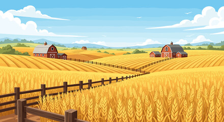 Golden wheat field with farm barns
