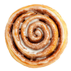 Fototapeta premium A top-down view of a freshly baked cinnamon roll with a spiral pattern and white icing