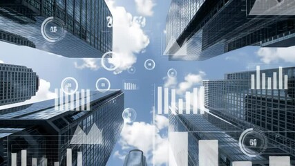 Business technology vision integrating data analysis and finance through digital overlays across modern city skyscrapers, symbolizing a futuristic global economy. - Powered by Adobe