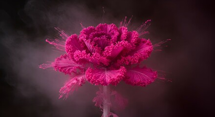 Vibrant magenta ornamental cabbage with fractal edges against a smoky backdrop