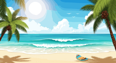 Tropical beach scene with palm trees and waves