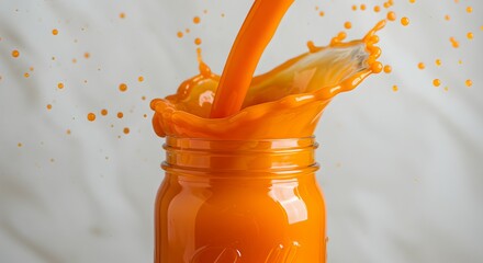 Vibrant Orange Juice Pouring into Glass Jar with Dynamic Splash and Droplets