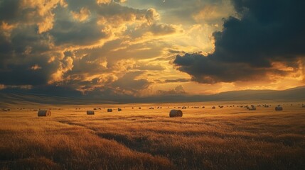 Golden Sunset Over Harvested Field with Hay Bales and Dramatic Sky