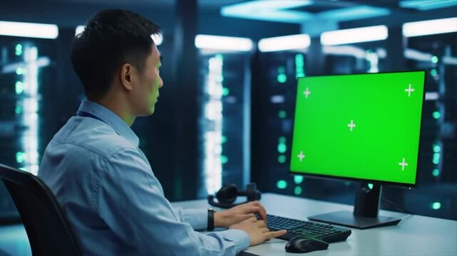 A technician of Asian descent operates a computer in a modern data center filled with server racks. chroma key