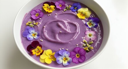 Vibrant Purple Smoothie Bowl Adorned with Colorful Pansies and Delicate White Pearls
