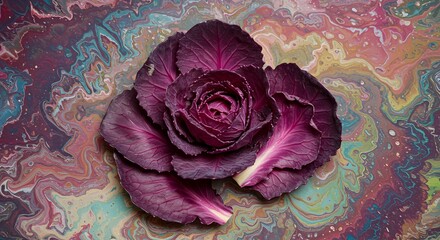 Vibrant Red Cabbage Head on Abstract Swirl Background, Textured Leaves, Colorful Food