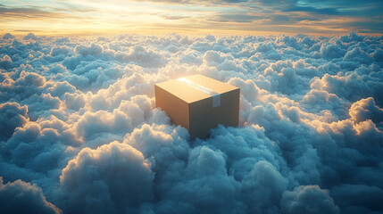 Cardboard box floating in the clouds with empty caption space—symbolizing the seamless, borderless logistics of dropshipping, global commerce, and modern e-commerce fulfillment.

