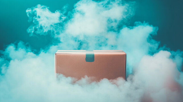 Cardboard box floating in the clouds with empty caption space—symbolizing the seamless, borderless logistics of dropshipping, global commerce, and modern e-commerce fulfillment.
 - Powered by Adobe