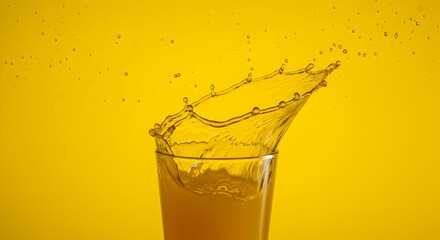 Vibrant Yellow Juice Splash Creating Crown in Glass Against Sunny Backdrop