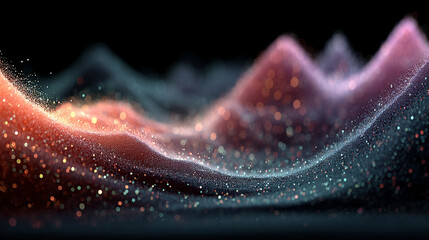 Glowing 3D abstract digital landscape with vibrant pink and blue particles forming dynamic waves and peaks against a dark background. Futuristic, high-tech, and visually captivating scene.


