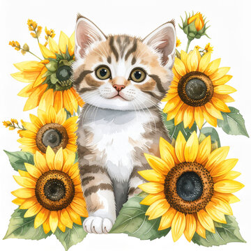 Cute animal and sunflower watercolor illustration_Cat