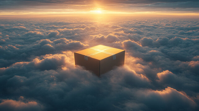Cardboard box floating in the clouds with empty caption space—symbolizing the seamless, borderless logistics of dropshipping, global commerce, and modern e-commerce fulfillment.
