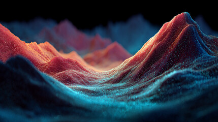 Glowing 3D abstract digital landscape with vibrant pink and blue particles forming dynamic waves and peaks against a dark background. Futuristic, high-tech, and visually captivating scene.

