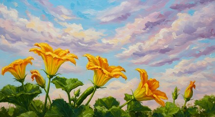 Vibrant Yellow Squash Blossoms Against a Dreamy Sky, Impressionistic Oil Painting
