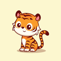 Adorable Cartoon Tiger Cub Illustration Cute Orange Stripes, Big Eyes, Sitting Pose
