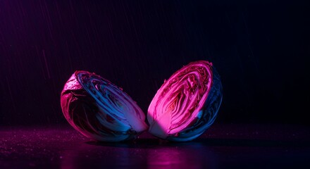 Vividly Lit Radicchio Halves with Dramatic Pink and Blue Lighting