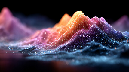 Glowing 3D abstract digital landscape with vibrant pink and blue particles forming dynamic waves and peaks against a dark background. Futuristic, high-tech, and visually captivating scene.

